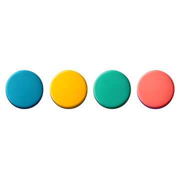 Four colorful magnets aligned horizontally, circular shape, on isolated transparent background