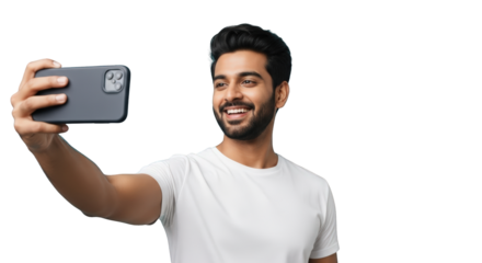 A happy man taking selfie photo. featuring selfie, man, smartphone. This image is ideal for use in various financial contexts.