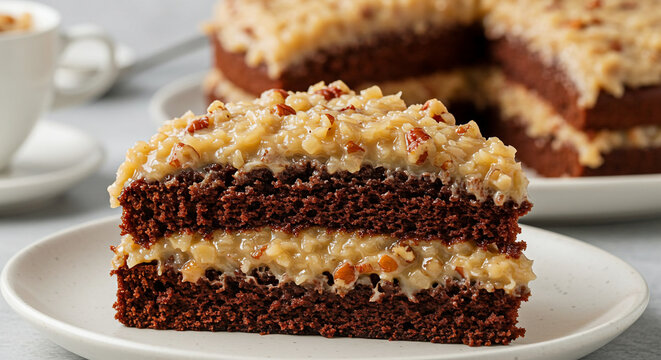 Close up of a slice of german chocolate cake with coconut pecan frosting on a white plate surface