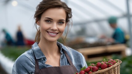 Happy young woman smiles while showing off a basket of strawberries in a greenhouse, showcasing her passion for farming