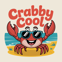 Smiling red crab under crabby cool heading, great for summer badge icon or kids printable collection  