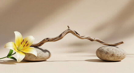 3d podium . mockup. A minimal organic product display made of textured recycled paper or cork material. Surrounded by natural elements like dried leaves or small stones. Soft daylight	
