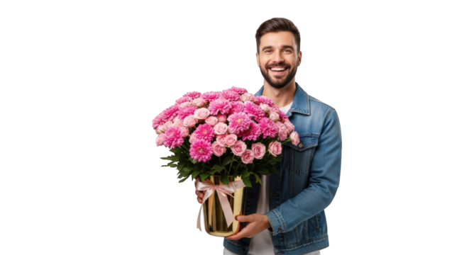 A man holding beautiful pink flowers. featuring man, flowers, bouquet. This image is ideal for use in various financial contexts.