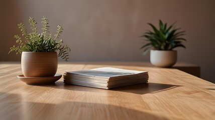 there is a stack of magazines on a table next to a potted plant