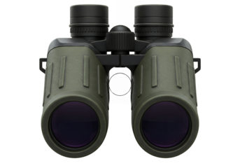 Olive green binoculars with black accents centered on a black background