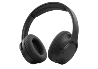 Matte black headphones on a black background earcups facing forward