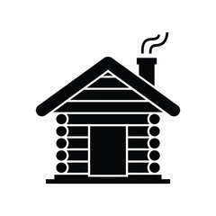 Simple black silhouette of a cozy log cabin with smoking chimney