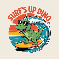 Surfs up dino card with cartoon dinosaur, beach waves, summer fun, printable sticker, playful poster design