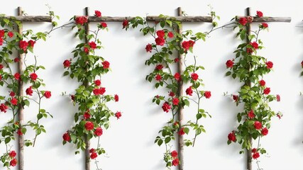 A set of red flowering vines draped over rustic trellises, combining the natural beauty of blooms with structured greenery on white background, Generative AI Videos. - Powered by Adobe