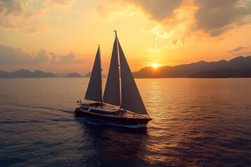 a sailboat sailing in the ocean at sunset