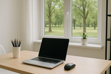 Fototapeta premium Clean, organized home office with a window overlooking a green park, one potted plant on the windowsill, and a modern laptop setup on a light wood desk.