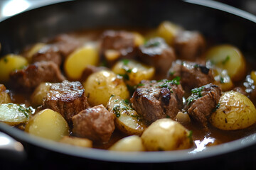 a pan filled with meat and potatoes on a stove