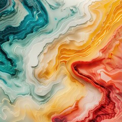 Abstract layered artwork with swirling, undulating forms in teal, white, gold, and red hues, creating a topographic-like effect