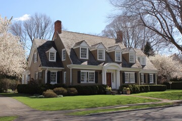 Fototapeta premium A beautiful home in the suburbs of Currier and Ives, with spring trees blooming on both sides and neatly trimmed hedges surrounding it Generative AI