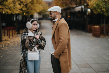 A couple stands outdoors, dressed warmly for an autumn day. The woman wears earmuffs, and the man...