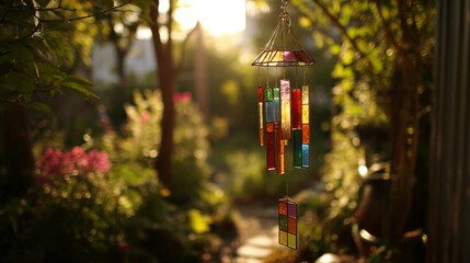 Sunlight filters through a colorful stained glass wind chime hanging in a lush garden, creating a serene and magical atmosphere with soft bokeh and warm golden light
