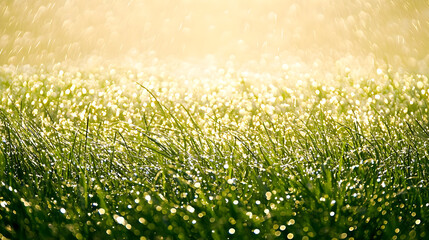 Fototapeta premium Dew-kissed grass field bathed in golden sunlight. ????????????