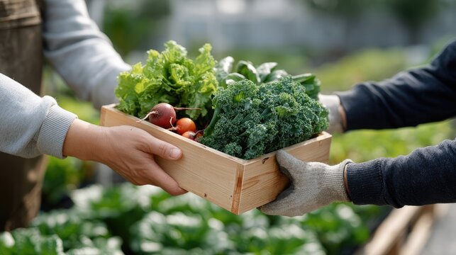 Two hands transfer fresh greens, highlighting a collaboration in an organic farm amidst a flourishing garden backdrop