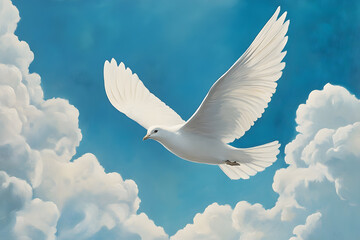 a white bird flying through a cloudy blue sky
