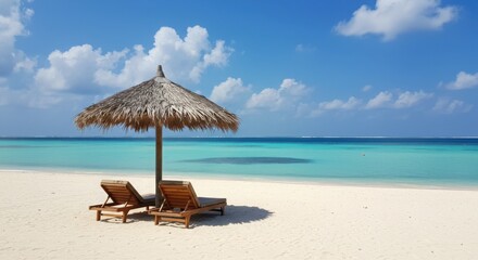Wooden sunbeds under thatched umbrella on sandy beach by ocean  