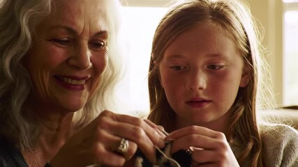 grandmother teaching her granddaughter to knit. national grandparents day. cheerful emotions, love, senior activity, active lifestyle and leisure, family bonding - Powered by Adobe