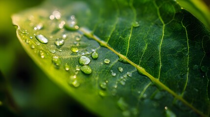 Macro shot of a fresh green leaf with veins and water droplets, lit by sunlight in soft focus.
Concept: Nature, plant biology, freshness, growth, purity, sustainability, beauty.