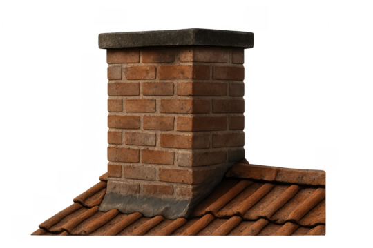 Brick chimney rising from a tiled roof with transparent background