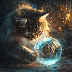 A fluffy domestic cat playing with a holographic ball that looks like an old pocket watch