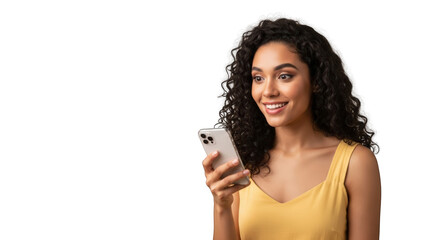 A smiling woman using smartphone isolated white 1. featuring woman, female, girl. This image is ideal for use in various financial contexts.