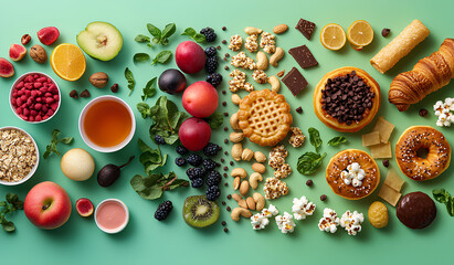A colorful visual split of healthy and unhealthy foods on a mint green background