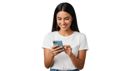 A smiling woman using smartphone isolated white. featuring woman, female, girl. This image is ideal for use in various financial contexts.