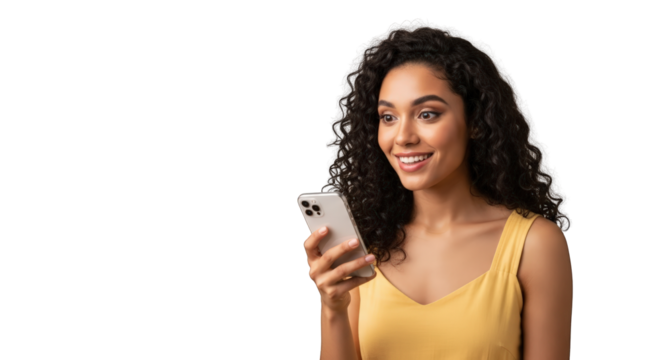 A smiling woman using smartphone isolated white 1. featuring woman, female, girl. This image is ideal for use in various financial contexts.