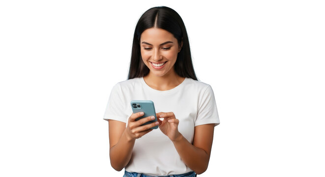 A smiling woman using smartphone isolated white. featuring woman, female, girl. This image is ideal for use in various financial contexts.