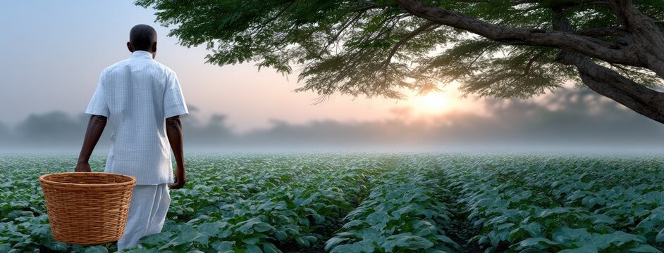 Foggy morning light breaks through trees as a farmer strolls through rows of lush vegetables, bucket in hand, embracing serenity
