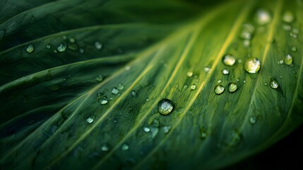 Macro shot of a fresh green leaf with veins and water droplets, lit by sunlight in soft focus.
Concept: Nature, plant biology, freshness, growth, purity, sustainability, beauty.