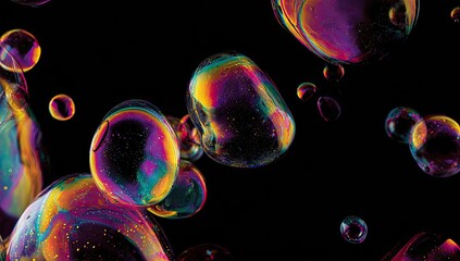 Colorful soap bubbles in motion against a black background
