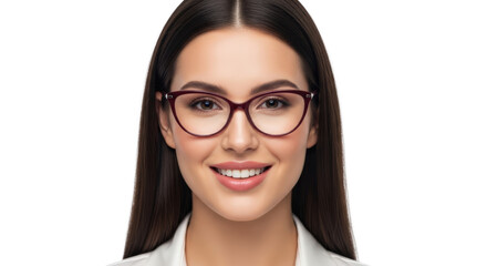 A smiling woman wearing stylish eyeglasses. featuring woman, female, girl. This image is ideal for use in various financial contexts.