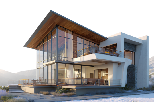 Modern Two-Story House with Slanted Roof and Balcony, Side Perspective View, Isolated on Transparent Background