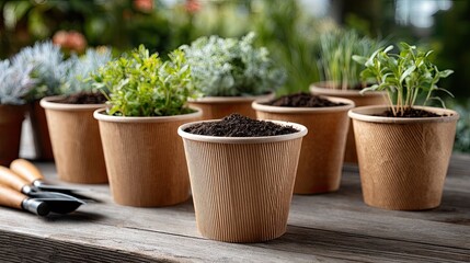 Brown paper pots with soil and sprouting seedlings create a warm invitation to gardening on a sunny outdoor table