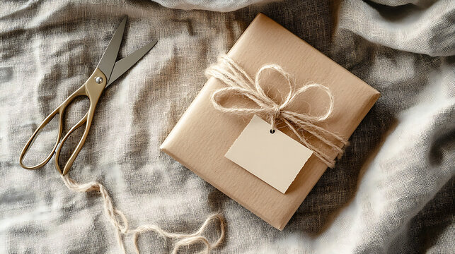 DIY handmade product mockup with kraft box and paper label on soft linen, scissors and string nearby.