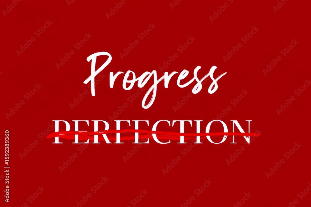 Fototapete text encouraging progress over perfection, with perfection crossed out and progress written above on