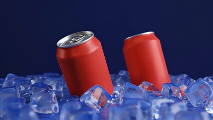Two red soda cans sitting in ice cubes