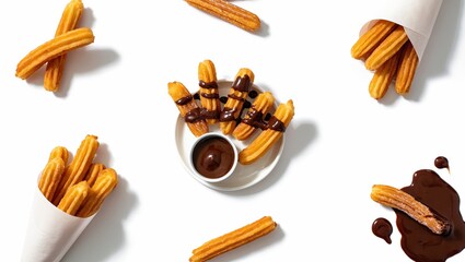 Churros with chocolate sauce on white background