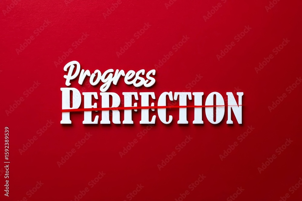 Fototapete text encouraging progress over perfection, with perfection crossed out and progress written above on