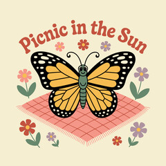 Picnic in the sun butterfly illustration on floral cloth, cottagecore vibe for summer card or lifestyle poster printable  