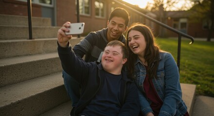 Teen with Down syndrome taking selfie with friends on school steps  