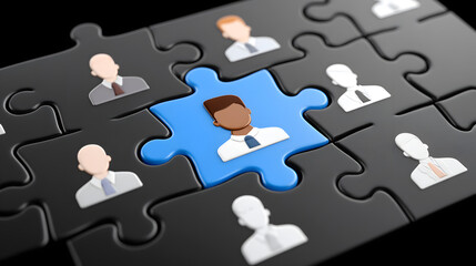 Unique Puzzle: A singular blue jigsaw piece representing a crucial professional, embedded within a network of connected black puzzle pieces, symbolizing unity in the workplace.