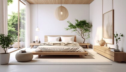 Bright, minimalist bedroom with a wooden platform bed, natural light from a large window, and potted plants creating a serene, zen-like atmosphere.