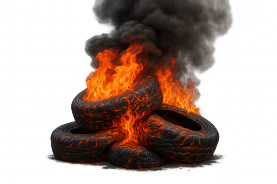 Burning tires creating a large blaze and dark smoke with transparent background