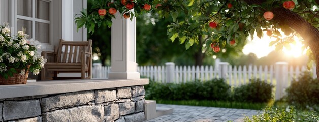A gorgeous house surrounded by vibrant apple trees as sunset light cascades through the leaves, creating a serene atmosphere
